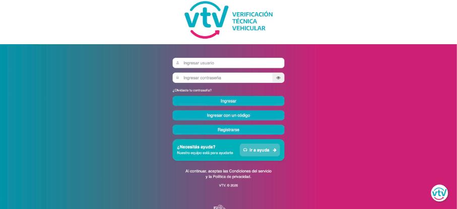 Pantalla de ingreso del portal VTV con usuario, contraseña, ingresar con un código y registrarse